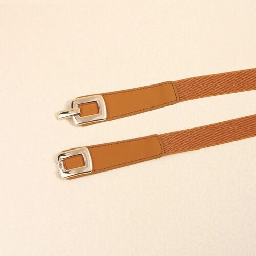 Camel  And Gold Square Buckle Adjustable Elastic Band Women’s Belt