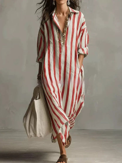 Striped Lapel Collar Dress – Side Slits & Pockets