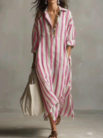 Striped Lapel Collar Dress – Side Slits & Pockets